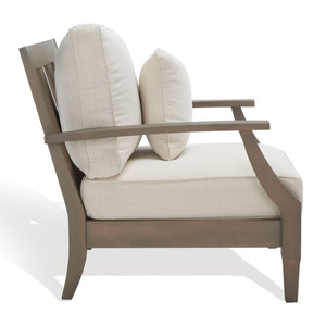 Safavieh MARTINIQUE Teakwood Patio Armchair - Elegant Coastal Design with Durable Upholstery for Outdoors Light Grey / Beige CPT1011C