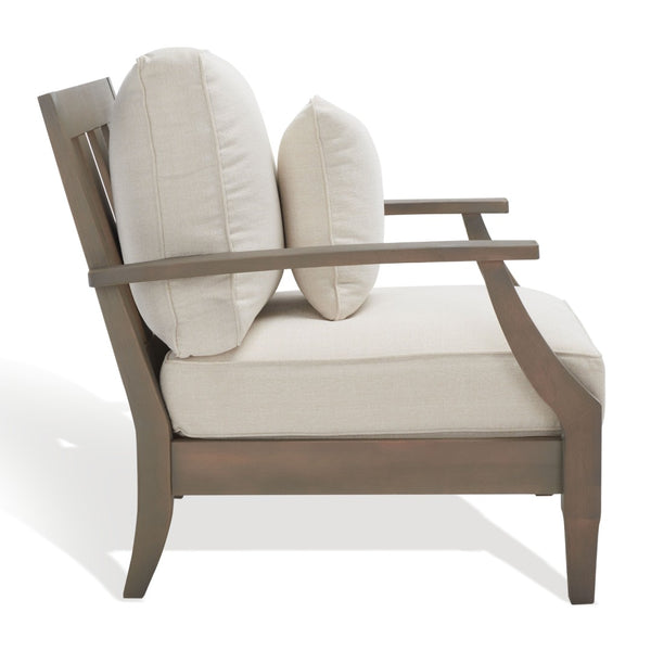Safavieh MARTINIQUE Teakwood Patio Armchair - Elegant Coastal Design with Durable Upholstery for Outdoors Light Grey / Beige CPT1011C