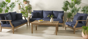 Safavieh MARTINIQUE Teakwood Patio Armchair - Elegant Coastal Design with Durable Upholstery for Outdoors Natural / Navy CPT1011D