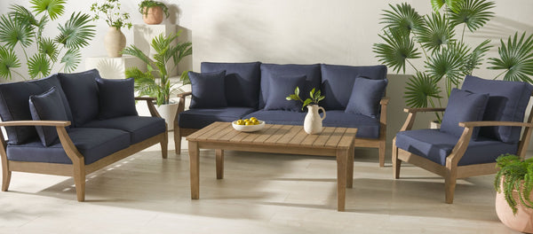 Safavieh MARTINIQUE Teakwood Patio Armchair - Elegant Coastal Design with Durable Upholstery for Outdoors Natural / Navy CPT1011D