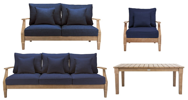 Safavieh MARTINIQUE Teakwood Patio Armchair - Elegant Coastal Design with Durable Upholstery for Outdoors Natural / Navy CPT1011D