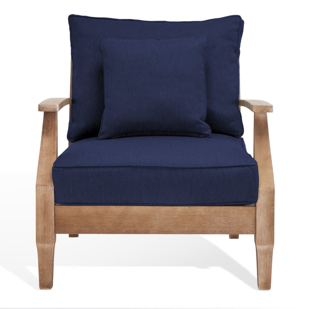 Safavieh MARTINIQUE Teakwood Patio Armchair - Elegant Coastal Design with Durable Upholstery for Outdoors Natural / Navy CPT1011D