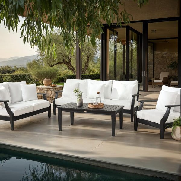 Safavieh MARTINIQUE Teakwood Patio Armchair - Elegant Coastal Design with Durable Upholstery for Outdoors Black / White CPT1011E