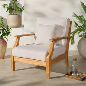 Safavieh Martinique Teak Patio Armchair - Coastal Villa Elegance With Timeless Design For Outdoor Living White ,Natural Teak Wood ,Fabric ,Foam Cpt1011h