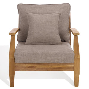 Safavieh MARTINIQUE Teakwood Patio Armchair - Elegant Coastal Design with Durable Upholstery for Outdoors Natural Teak / Taupe CPT1011I