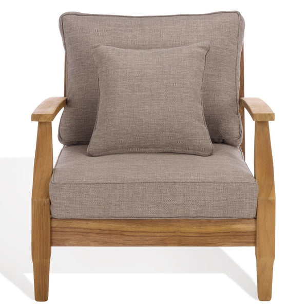 Safavieh MARTINIQUE Teakwood Patio Armchair - Elegant Coastal Design with Durable Upholstery for Outdoors Natural Teak / Taupe CPT1011I