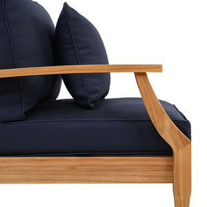 Safavieh MARTINIQUE Teakwood Patio Armchair - Elegant Coastal Design with Durable Upholstery for Outdoors Natural Teak / Navy CPT1011J