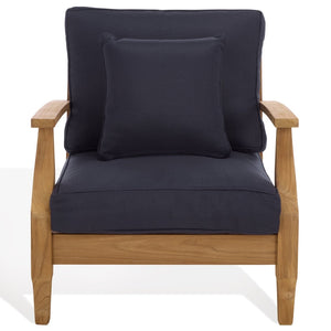 Safavieh MARTINIQUE Teakwood Patio Armchair - Elegant Coastal Design with Durable Upholstery for Outdoors Natural Teak / Navy CPT1011J