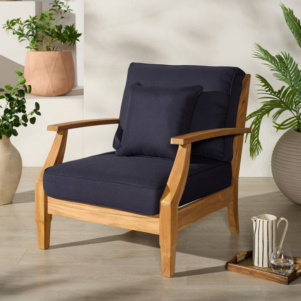 Safavieh Martinique Teak Patio Armchair - Coastal Villa Elegance With Timeless Design For Outdoor Living Natural Teak ,Navy Wood ,Fabric ,Foam Cpt1011j