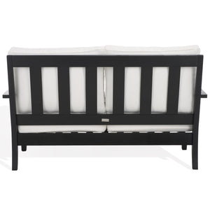 Safavieh Martinique Patio Loveseat - Luxurious Black Eucalyptus Frame & Plush Olefin Cushions For Outdoors Black ,White Wood ,Fabric ,Foam Cpt1012e