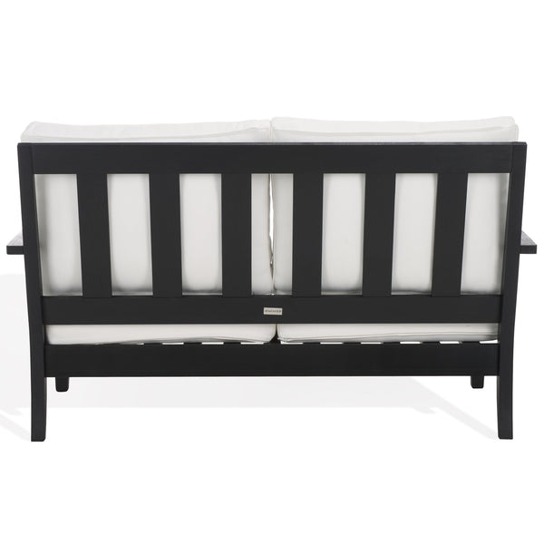 Safavieh Martinique Patio Loveseat - Luxurious Black Eucalyptus Frame & Plush Olefin Cushions For Outdoors Black ,White Wood ,Fabric ,Foam Cpt1012e