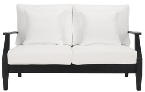 Safavieh Martinique Patio Loveseat - Luxurious Black Eucalyptus Frame & Plush Olefin Cushions For Outdoors Black ,White Wood ,Fabric ,Foam Cpt1012e