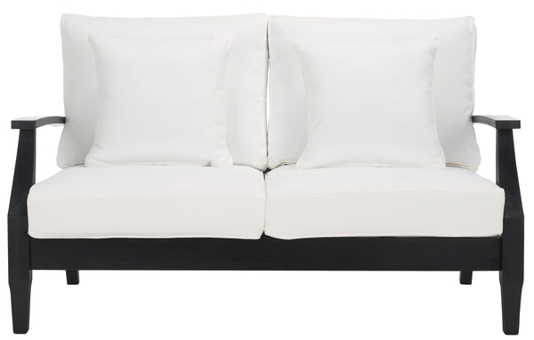 Safavieh Martinique Patio Loveseat - Luxurious Black Eucalyptus Frame & Plush Olefin Cushions For Outdoors Black ,White Wood ,Fabric ,Foam Cpt1012e