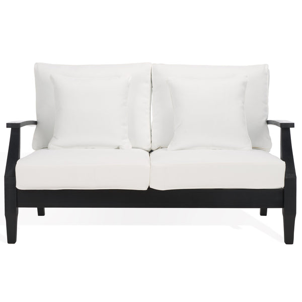 Safavieh Martinique Patio Loveseat - Luxurious Black Eucalyptus Frame & Plush Olefin Cushions For Outdoors Black ,White Wood ,Fabric ,Foam Cpt1012e