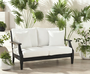 Safavieh Martinique Patio Loveseat - Luxurious Black Eucalyptus Frame & Plush Olefin Cushions For Outdoors Black ,White Wood ,Fabric ,Foam Cpt1012e