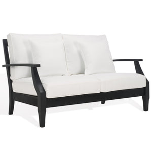 Safavieh Martinique Patio Loveseat - Luxurious Black Eucalyptus Frame & Plush Olefin Cushions For Outdoors Black ,White Wood ,Fabric ,Foam Cpt1012e