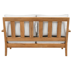 Martinique Teakwood Patio Loveseat With Plush White Cushions, Weather-Resistant Frame, Cozy Two-Seater