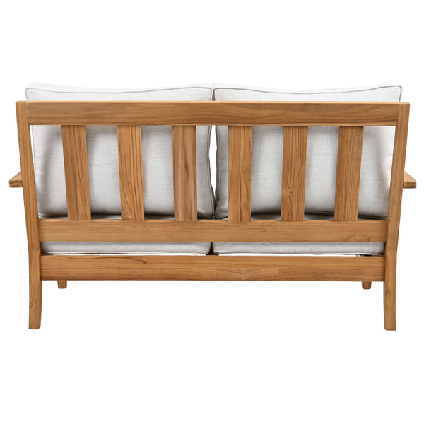 Martinique Teakwood Patio Loveseat With Plush White Cushions, Weather-Resistant Frame, Cozy Two-Seater