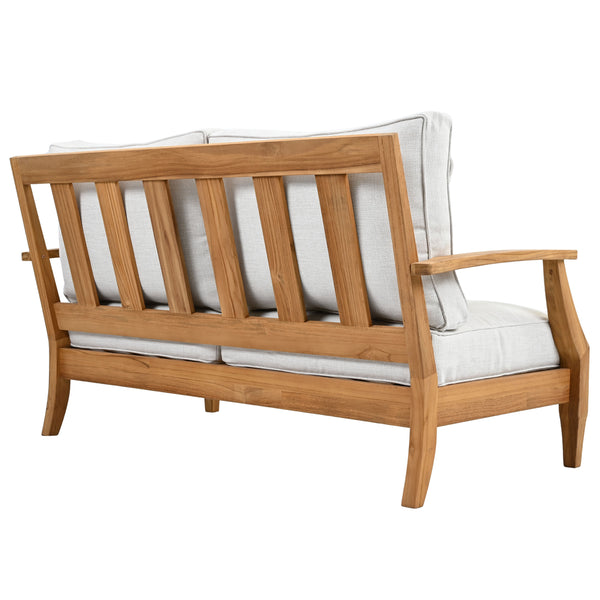 Martinique Teakwood Patio Loveseat With Plush White Cushions, Weather-Resistant Frame, Cozy Two-Seater