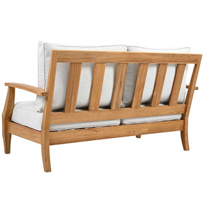 Martinique Teakwood Patio Loveseat With Plush White Cushions, Weather-Resistant Frame, Cozy Two-Seater