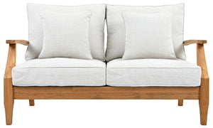 Martinique Teakwood Patio Loveseat With Plush White Cushions, Weather-Resistant Frame, Cozy Two-Seater
