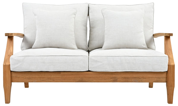 Martinique Teakwood Patio Loveseat With Plush White Cushions, Weather-Resistant Frame, Cozy Two-Seater