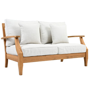 Martinique Teakwood Patio Loveseat With Plush White Cushions, Weather-Resistant Frame, Cozy Two-Seater