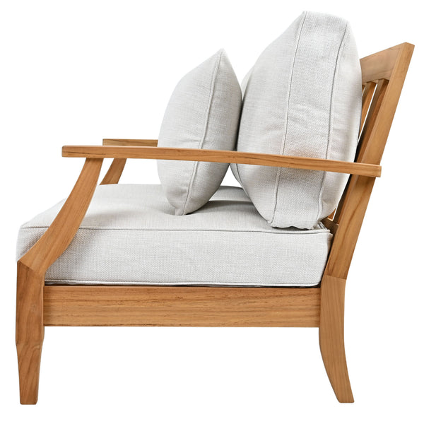 Martinique Teakwood Patio Loveseat With Plush White Cushions, Weather-Resistant Frame, Cozy Two-Seater