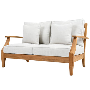 Martinique Teakwood Patio Loveseat With Plush White Cushions, Weather-Resistant Frame, Cozy Two-Seater