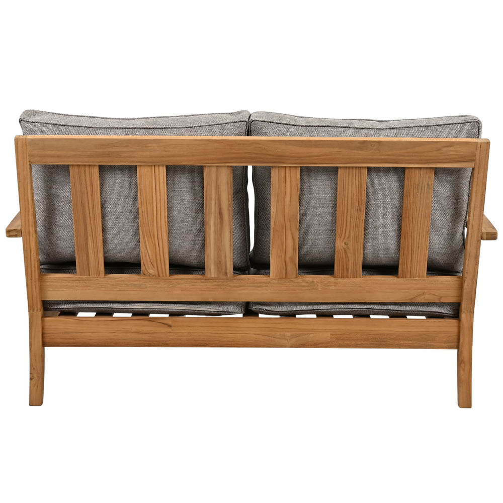 Martinique Teakwood Patio Loveseat With Plush White Cushions, Weather-Resistant Frame, Cozy Two-Seater