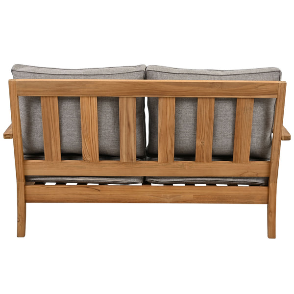 Martinique Teakwood Patio Loveseat With Plush White Cushions, Weather-Resistant Frame, Cozy Two-Seater