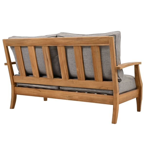 Martinique Teakwood Patio Loveseat With Plush White Cushions, Weather-Resistant Frame, Cozy Two-Seater