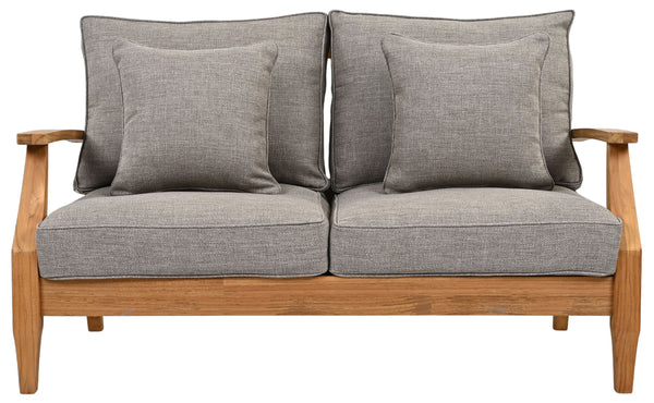 Martinique Teakwood Patio Loveseat With Plush White Cushions, Weather-Resistant Frame, Cozy Two-Seater