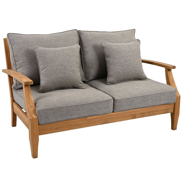 Martinique Teakwood Patio Loveseat With Plush White Cushions, Weather-Resistant Frame, Cozy Two-Seater