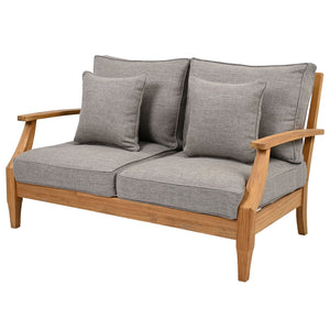 Martinique Teakwood Patio Loveseat With Plush White Cushions, Weather-Resistant Frame, Cozy Two-Seater