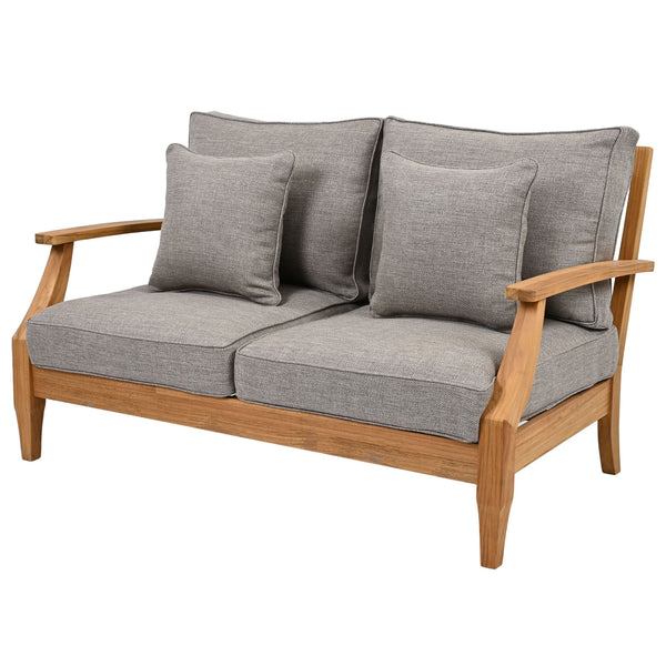 Martinique Teakwood Patio Loveseat With Plush White Cushions, Weather-Resistant Frame, Cozy Two-Seater