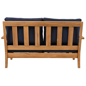 Martinique Teakwood Patio Loveseat With Plush White Cushions, Weather-Resistant Frame, Cozy Two-Seater