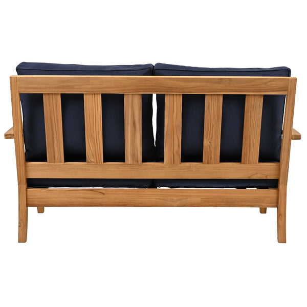 Martinique Teakwood Patio Loveseat With Plush White Cushions, Weather-Resistant Frame, Cozy Two-Seater
