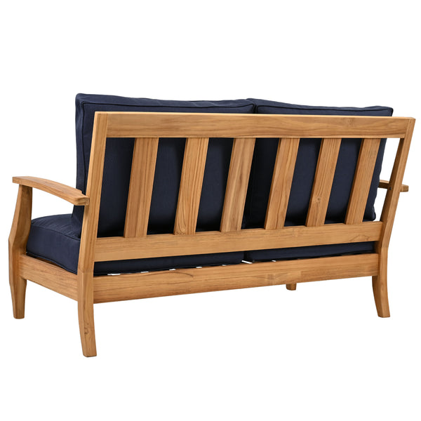 Martinique Teakwood Patio Loveseat With Plush White Cushions, Weather-Resistant Frame, Cozy Two-Seater