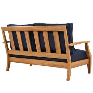 Martinique Teakwood Patio Loveseat With Plush White Cushions, Weather-Resistant Frame, Cozy Two-Seater