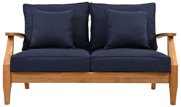 Martinique Teakwood Patio Loveseat With Plush White Cushions, Weather-Resistant Frame, Cozy Two-Seater