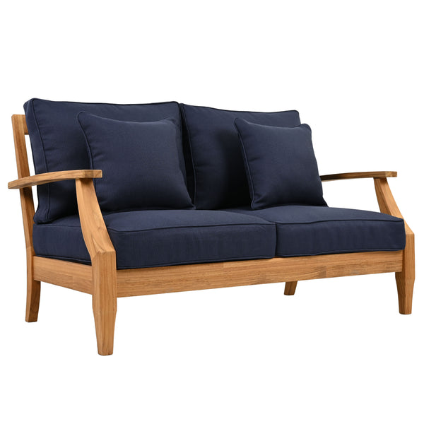 Martinique Teakwood Patio Loveseat With Plush White Cushions, Weather-Resistant Frame, Cozy Two-Seater