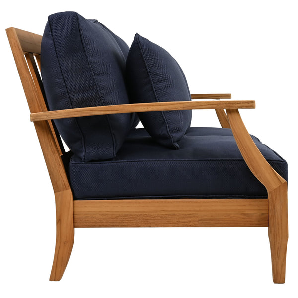Martinique Teakwood Patio Loveseat With Plush White Cushions, Weather-Resistant Frame, Cozy Two-Seater