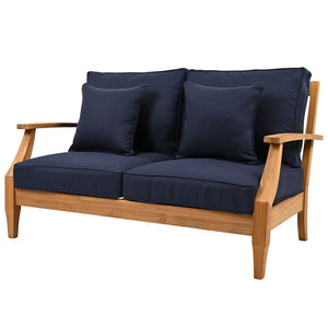 Martinique Teakwood Patio Loveseat With Plush White Cushions, Weather-Resistant Frame, Cozy Two-Seater