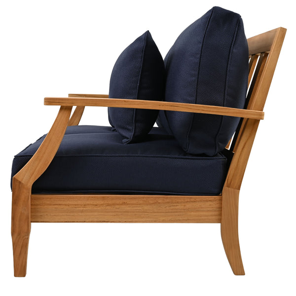 Martinique Teakwood Patio Loveseat With Plush White Cushions, Weather-Resistant Frame, Cozy Two-Seater