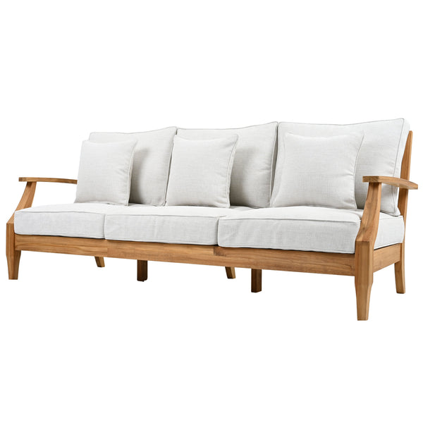 Martinique Teakwood Patio Sofa With All-Weather Cushions, Coastal Villa Design, Durable Outdoor Seating