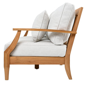 Martinique Teakwood Patio Sofa With All-Weather Cushions, Coastal Villa Design, Durable Outdoor Seating