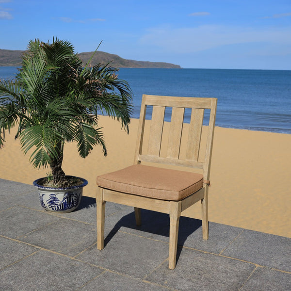 Safavieh DOMINICA Wooden Outdoor Dining Chair - Coastal Elegance with Plush Cushion for Ultimate Comfort Natural / Brown CPT1018B-SET2