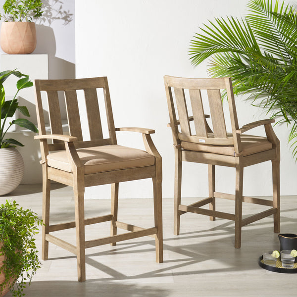 Safavieh San Salvador Patio Counter Stools - Stylish Eucalyptus Wood Design For Outdoor Entertaining Fun Natural ,Brown Wood ,Cushion Cpt1020b-set2