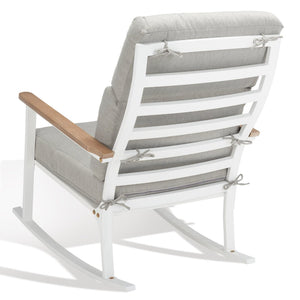 Safavieh BRUTUS Rocking Chair - Elegant White Outdoor Rocker with Plush Grey Cushions & Eucalyptus Armrests CPT1035A